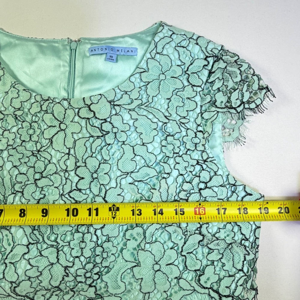 Antonio‎ Melani Mint Green Black Floral Lace Sheath Dress Cap Sleeve Size 10 - Picture 12 of 14